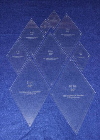 Diamond Quilt Templates 2" - 10"" - Clear 1/8" 60 Degree W/guideline Holes
