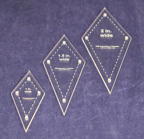 Stretched Diamond Templates 1, 1.5, 2 Inches wide - Clear with guideline Holes 1/8 Inch Thick